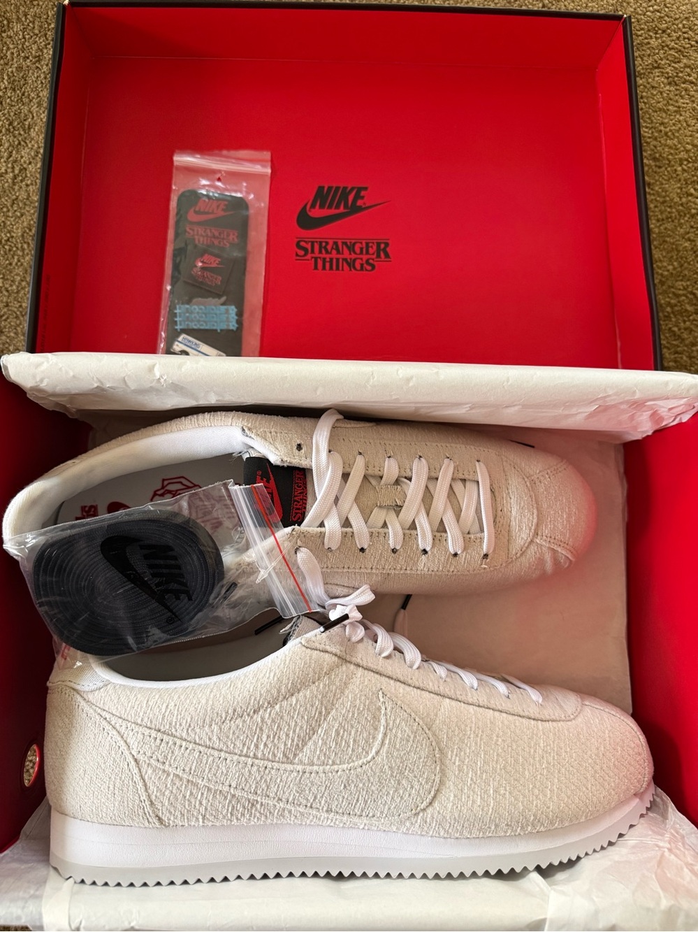Nike x Stranger Things• Classic Cortez QS Upside Down in Sail, Deep Royal Blue